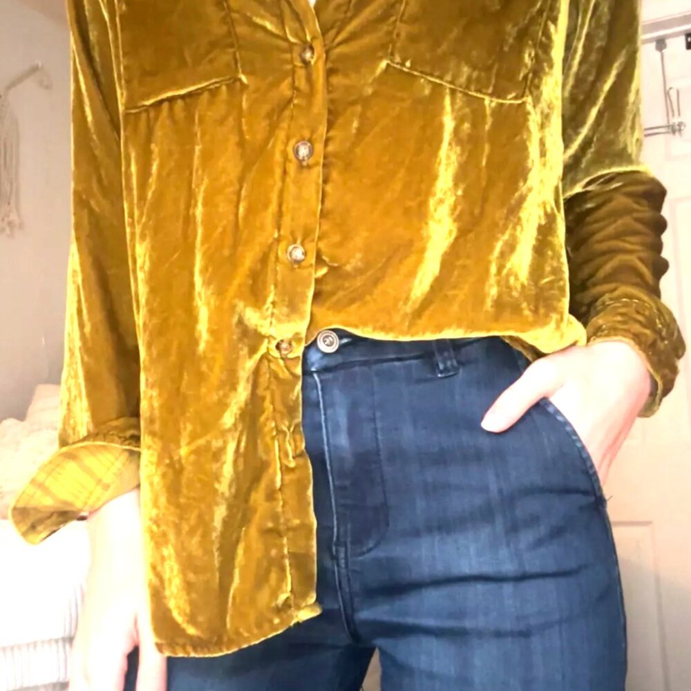 NEW MAEVE BY ANTHROPOLOGIE 'KARINA' VELVET GOLD BUTTON DOWN SHIRT SIZE: 2